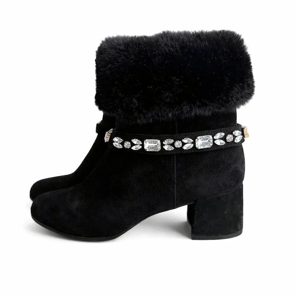 Adrienne Vittadini Lazar Black Fur Trim Ankle Boots 8.5 Block Heel Crystal